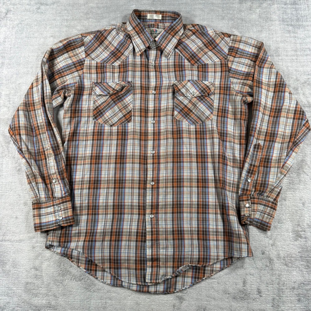 Fruit of the Loom Shirt Mens Medium Brown Vintage 80s Plaid Western Pearl Snap